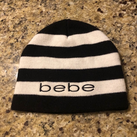 Like New bebe Beanie Hat Black White Stripe - Picture 2 of 3